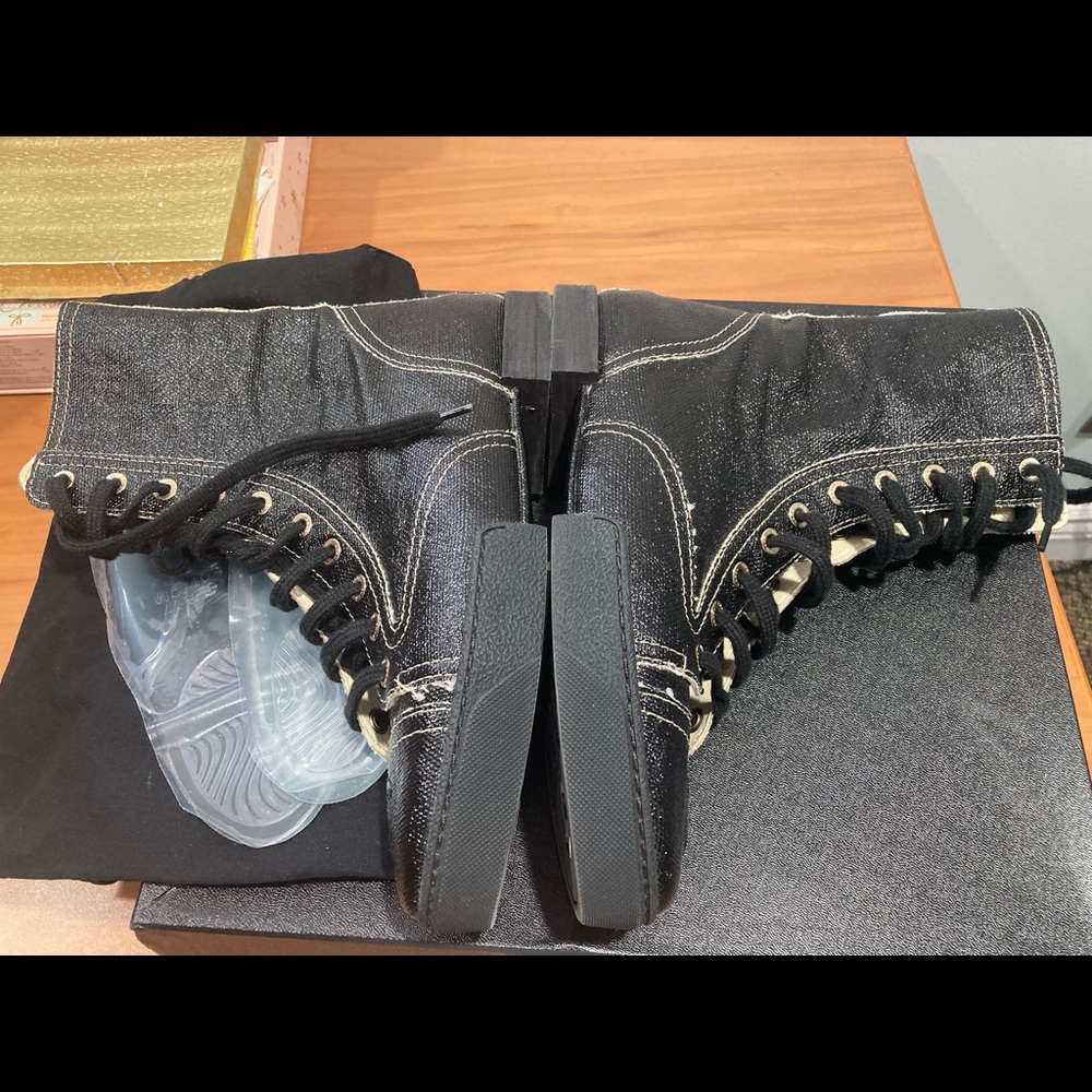 CHANEL Coated Canvas Lace Up Combat Boots 37 Black - Picture 7 of 15
